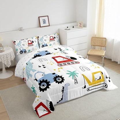 jejeloiu Kids Cartoon Dinosaur Bedding Set Toddle Size Cartoon Car Comforter Set for Boys Girls Construction Excavator Duvet Set Jungle Dino Quilt Set 2Pcs