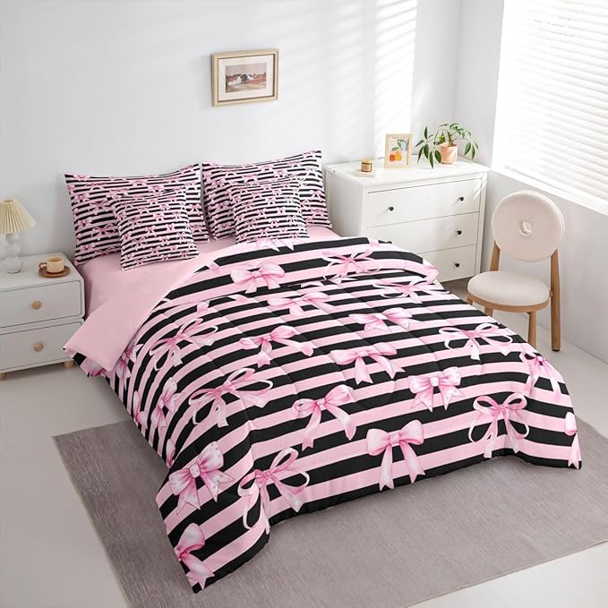 Erosebridal Kawaii Cute Pink Black Girls Bowknot 7 Piece Bedding Set Twin | Bow Y2K Kids Comforter Set with Sheets Geometric Bed in A Bag Stripe Bed Sets