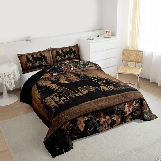 Erosebridal Farmhouse Deer Toddler Comforter Set Camo Woodland Hunting Bedding Set Rustic Cabin Comforter for Boys Teen Men,Wildlife Animal Print Quilt Duvet