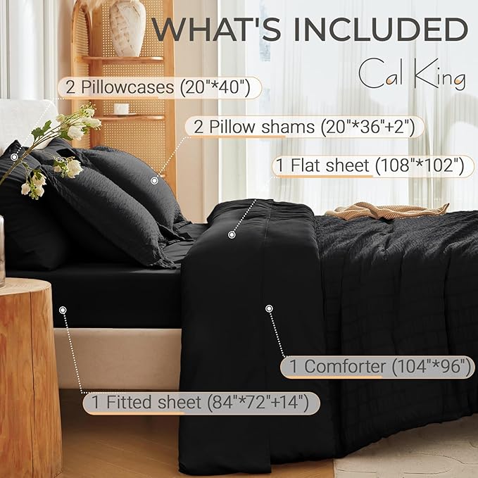 MUXHOMO 7 Pieces California King Comforter Set, Seersucker Bed in a Bag Cal King Size, All Season Luxury Bedding Set with Comforter, Flat Sheet, Fitted Sheet, Pillowcases & Shams, Black