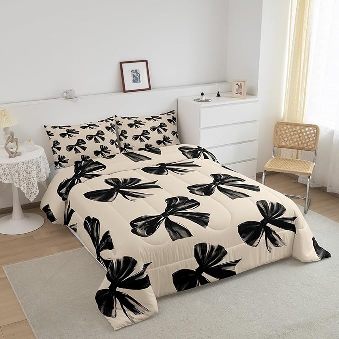 Erosebridal Bow Bedding Set Full Black Bow Tie Bedding Comforter Sets for Kids Teen Adults Room Decor,Watercolor Bowknot Comforter Set Black White Simple Decor Bed Duvet Set