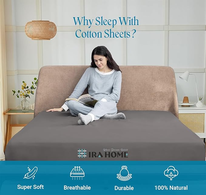 100% Egyptian Cotton Queen Size Bed Sheets, 600 TC Luxury Bedding Set, Long Staple Cotton, 4 Piece Set - 1 Fitted Sheet, 1 Flat Sheet & 2 Pillowcases, Fits Upto 16" Mattress - Dark Grey