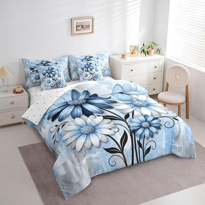 Feelyou Blue Floral Comforter Set With Sheets 7 Piece Full Size Daisy Blossom Flowers Pattern Bedding Set for Kids Boys Girls Abstract Geometric Art Bed in a Bag Room Decor Soft Lightweight Microfiber