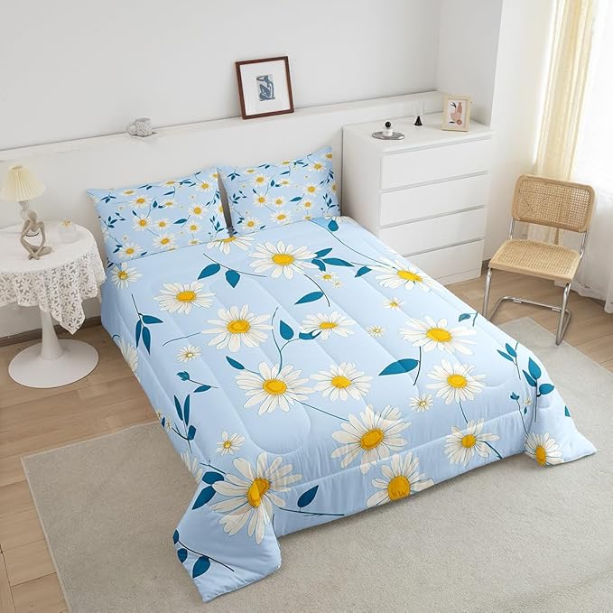 Manfei Cute Daisy Comforter Set King Size, White Flower Blue Leaves Bedding Set 3pcs for Kids Boys Girls Room Decor, Botanical Floral Quilt Set Soft Polyester Duvet Set with 2 Pillowcases