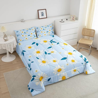 Manfei Cute Daisy Comforter Set King Size, White Flower Blue Leaves Bedding Set 3pcs for Kids Boys Girls Room Decor, Botanical Floral Quilt Set Soft Polyester Duvet Set with 2 Pillowcases