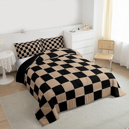 Feelyou Checkered Retro Kids Comforter Set Twin Size Brown Plaid Bedding Set Geometric Vintage Duvet Quilt for Kids Boys Girls Bedroom Modern Simple Groovy Aesthetic Decor