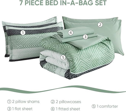 Drucon Sage Green Comforter Set Queen Size 7 Piece Bed in a Bag Boho Striped Bedding Set Soft Microfiber Comforter and Sheet Set for All Season (Queen, 90"x90")