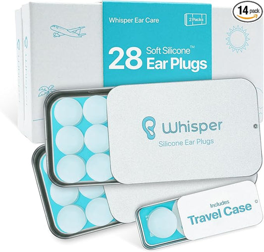 Whisper Ear Plugs (28 pcs) | Soft Silicone | Reusable Silicone Ear Plugs for Swimming, Sleep, Travel, Noise & Snoring | Moldable Comfort Fit Wax Earplugs for Sleep | Waterproof Swim Ear Plugs Adults