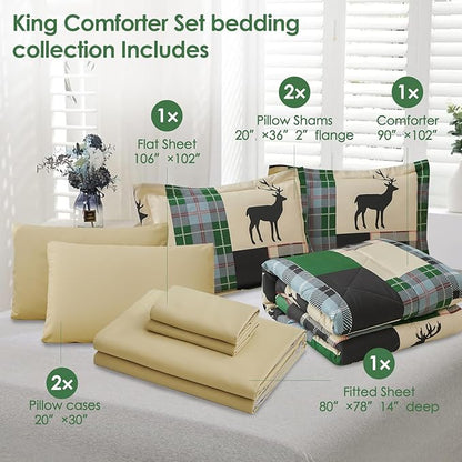 Comforter Set King Size Plaid Patchwork Comforter Bedding-7 Piece Bed in a Bag,Rustic Soft Reversible Microfiber Bedding Set(1 Comforter,1 Flat Sheet,1 Fitted Sheet,2 Pillowcases,2 Pillow Shams)Green