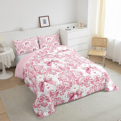 Feelyou Girls Pink Bowknot Comforter Set Full Size Goth Damask Comforter Victorian-Themed Bedding Set Baroque Duvet Set Vintage Floral Quilt Set 3Pcs