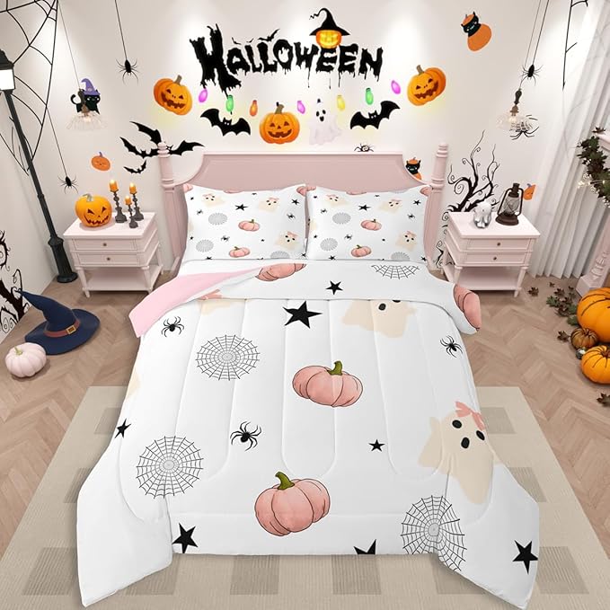 Erosebridal Kids Halloween Ghost Queen Bedding Set, Pink Pumpkin Comforter Set for Girls Boys Teens Women Cute Halloween Decor, Funny Ghost Spider Web Comforter Star Quilt