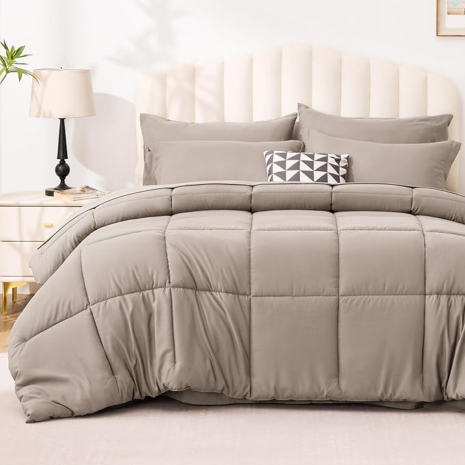 Love's cabin Queen Comforter Set Light Brown, 7 Pieces Queen Bed in a Bag, All Season Bedding Sets with 1 Comforter, 1 Flat Sheet, 1 Fitted Sheet, 2 Pillowcase and 2 Pillow Sham