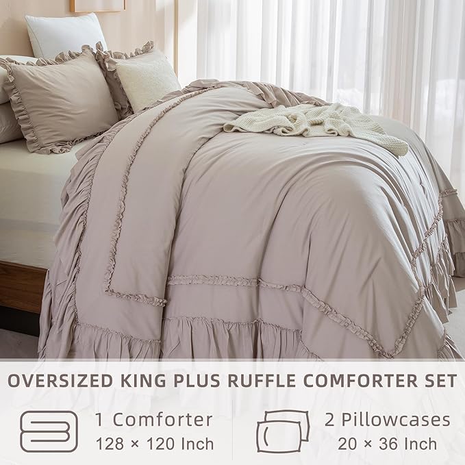QSH Taupe Oversized California King Ruffled Bed Comforter Set 128x120, Farmhouse Vintage Chic Comforter French Country Shabby Bedding Comforter Soft Microfiber Fluffy Bedding 3 PCs