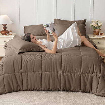 JOLLYVOGUE Full Comforter Set, Ultra-Soft Bed in a Bag Full Size 7 Pieces, Oeko-TEX Certified Bedding Set with Down Alternative Comforter, Sheets, Pillowcases & Shams, Brown