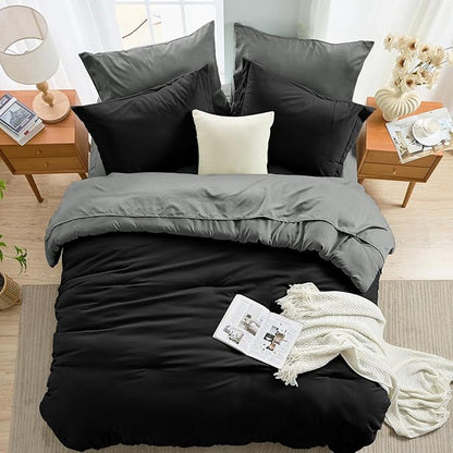 MUXHOMO 7 Pieces Full Comforter Set, Soft Bed in a Bag Full Size, All Season Bedding Set with Comforter, Flat Sheet, Fitted Sheet, Pillowcases & Shams, Black & Grey
