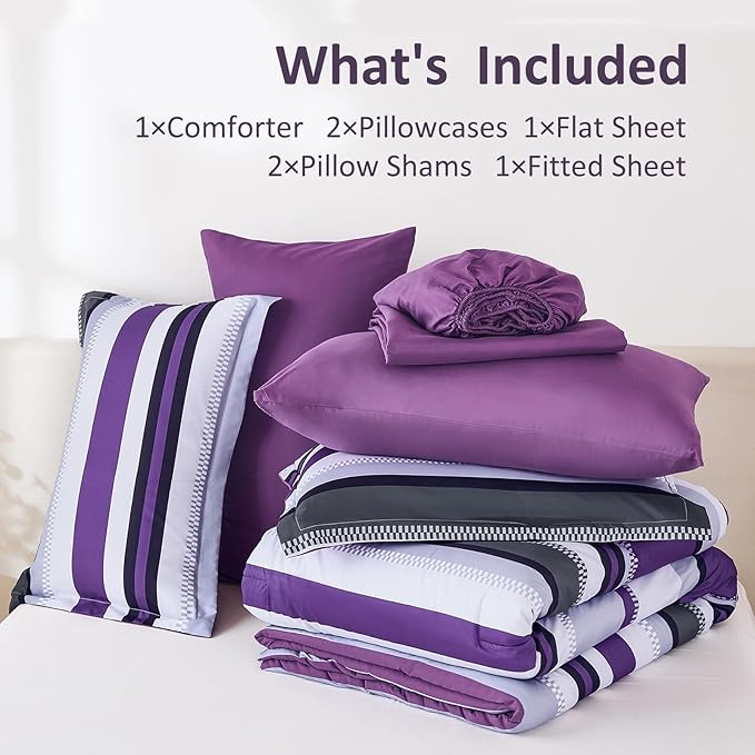WONGS BEDDING Comforter Set King Size, Purple Bed in a Bag, 7 Pieces Comforter with Sheet Set, Striped Bedding Set for All Seaon (104"×90")