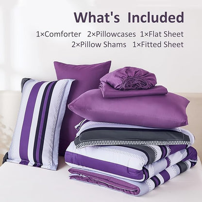 WONGS BEDDING Comforter Set King Size, Purple Bed in a Bag, 7 Pieces Comforter with Sheet Set, Striped Bedding Set for All Seaon (104"×90")