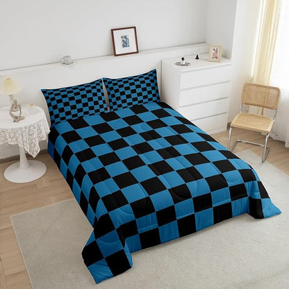 Feelyou Checkered Bedding Set Teen Women Men Blue Black Plaid Comforter Set Queen Size Kids Boys Girls Cute Retro Neutral Checkerboard Geometric Duvet Insert Vintage Aesthetic Room Decor