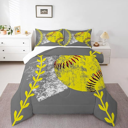 Softball Comforter Set for Kids Boys Girls,Yellow Baseball Bedding Set Queen Size Lightweight,Graffiti Watercolor Ball Game Down Comforter Bedroom Decor,Young Man Sports Quilted Duvet 3 Piece