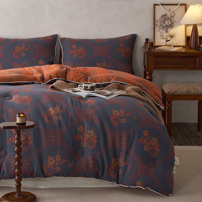 mixinni Vintage Floral Comforter Set Full Size, All Seasons Muslin Cotton Bedding Set, 3 Pieces Farmhouse Shabby Chic Jacquard Floral Comforter Set Perfect for Women and Men-Grayish Blue/Pumpkin