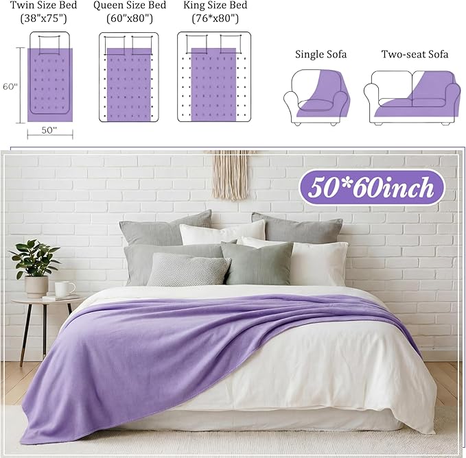 Kinlop Fleece Blanket Bulk 60 x 50 Inch Soft Lightweight Fleece Cozy Blanket Warm Throw Plush Pet Throw for Bed Couch Sofa Home Office Wedding Gifts Travel Camping(Lavender)