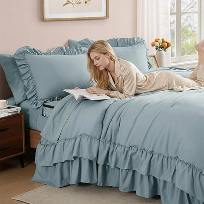 King Size Comforter Set Dusty Blue, Ruffle Shabby Chic Bedding Set Farmhouse 7 Pieces, All Season Fluffy Bed in a Bag with Sheets, Pillowcases & Shams