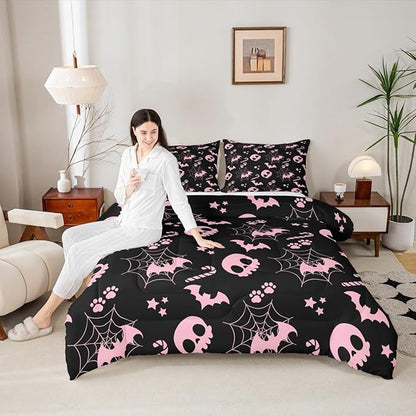 Erosebridal Cute Pink Halloween Queen Comforter Set Spider Web Skull Bat Bedding Set Spooky Goth Gothic Animal Bed Set Horror Halloween Quilt Set for Kids Teens Adults
