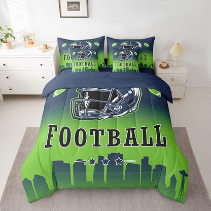 Erosebridal Football Bed in A Bag American Soccer Sports 7 Piece Bedding Set Rugby Sports Games Comforter Set with Sheets Blue Green Soft Lightweight Bed Set King for Kids Boys Teen Adults