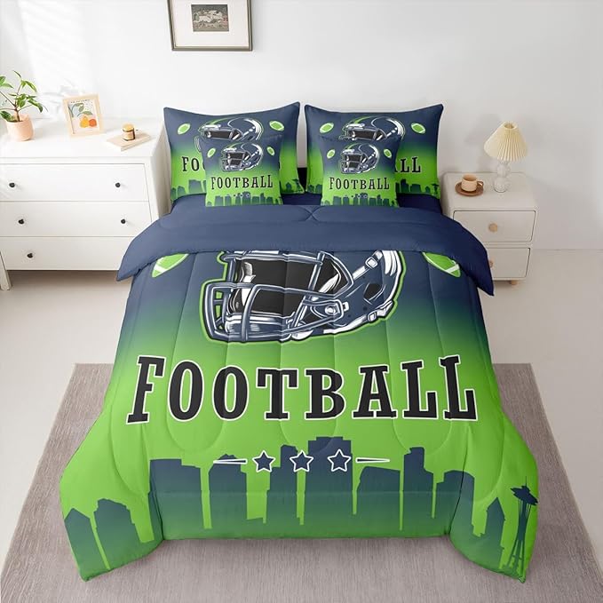Erosebridal Football Bed in A Bag American Soccer Sports 7 Piece Bedding Set Rugby Sports Games Comforter Set with Sheets Blue Green Soft Lightweight Bed Set Twin for Kids Boys Teen Adults
