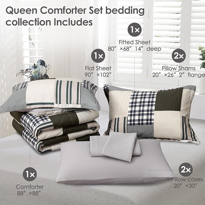 Comforter Set Queen Size Plaid Patchwork Comforter Bedding-7 Piece Bed in a Bag,Soft Fluffy Reversible Microfiber Bedding Set(1 Comforter,1 Flat Sheet,1 Fitted Sheet,2 Pillowcases,2 Pillow Shams)