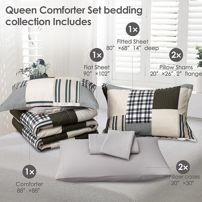 Comforter Set Queen Size Plaid Patchwork Comforter Bedding-7 Piece Bed in a Bag,Soft Fluffy Reversible Microfiber Bedding Set(1 Comforter,1 Flat Sheet,1 Fitted Sheet,2 Pillowcases,2 Pillow Shams)