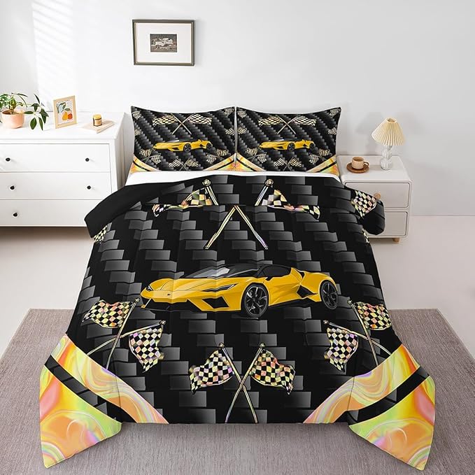 jejeloiu Yellow Race Car Bedding Set King Size Extreme Sports Comforter Set for Kids Teens Adult Fast and Furious Duvet Set Dazzling Flag Quilt Set 3Pcs