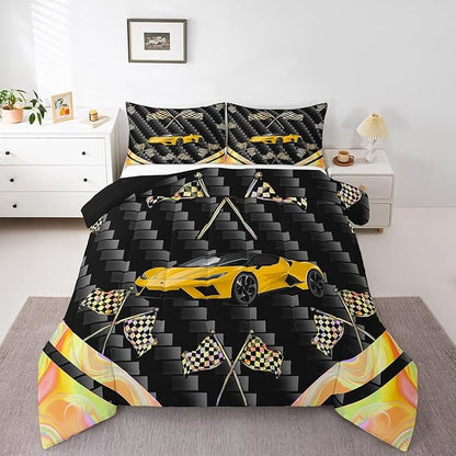 jejeloiu Yellow Race Car Bedding Set King Size Extreme Sports Comforter Set for Kids Teens Adult Fast and Furious Duvet Set Dazzling Flag Quilt Set 3Pcs