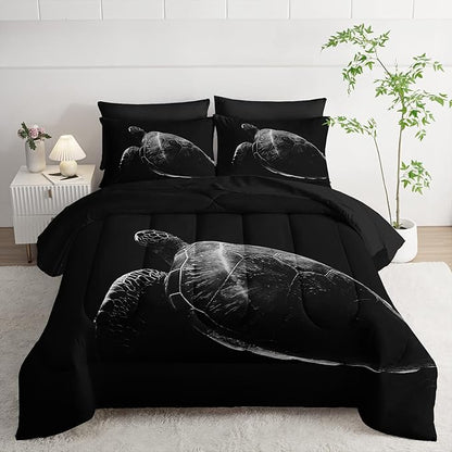 Black Sea Turtle Comforter Set,Sea Turtle Bedding Set 7 Piece in A Bag,Beach Themed Bedroom Comforter Set King Size for Kids Teen Girls Boys Room Decor Microfiber Lightweight All Season