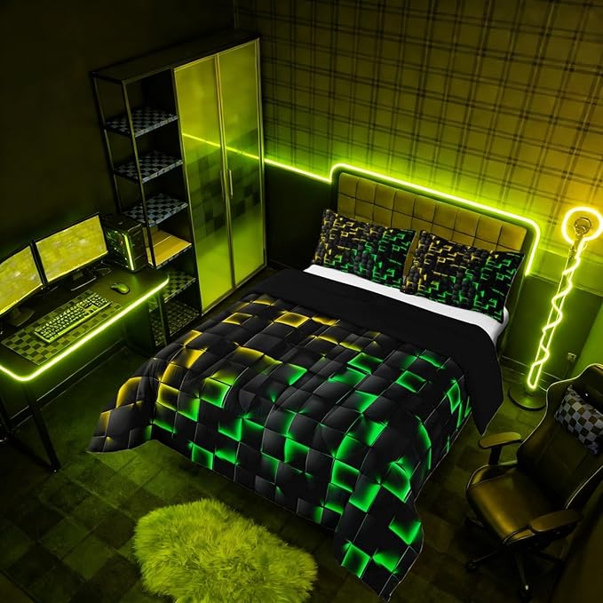 Erosebridal Geometric Checkered Comforter Set Twin Neon Yellow Green Bedding Set for Kids Boys Teen Gamer Room Decor,Abstract Ombre Plaid Comforter Grids Quilt Duvet Black