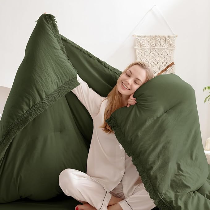 Andency Comforter Set Oversized King Olive Green 120x120, 3 Pieces Boho Fall Tassel Lightweight Bedding Comforter Sets, All Season Soft Bed Set (1 Comforter & 2 Pillowcases)