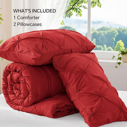 BEDELITE Red Queen Comforter Set - 3 Pieces Boho Pintuck Bedding Comforter Sets, Lightweight Soft & Warm Bed Comforter Queen with 2 Pillowcases for All Season