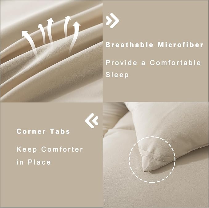 DOWNCOOL Queen Comforter Set -All Season Bedding Comforters Sets with 2 Pillow Cases-3 Pieces Bedding Sets Queen -Down Alternative Beige Queen Size Comforter Sets(88"x92")