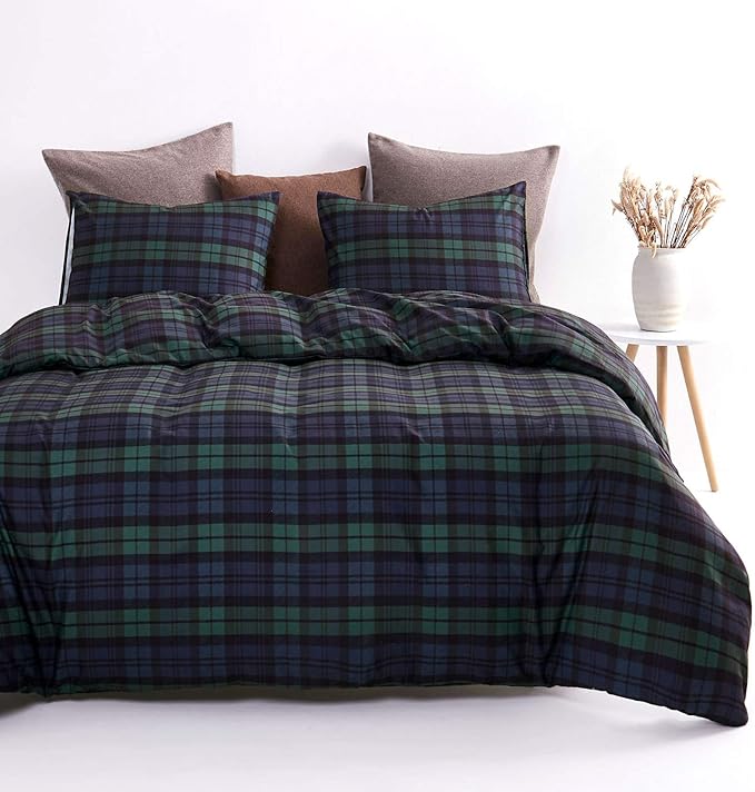 Wake In Cloud - Plaid Comforter Set, Scottish Tartan Check Geometric Modern Pattern Printed, Soft Lightweight Bedding, 3 Pieces, Dark Green, Queen Size