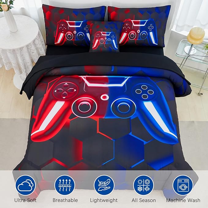 URBONUR 6 Pcs Full Bed in a Bag for Boys Comforter Sets Black Red and Blue Gamer Teen Boy Bedding Set Includes 1 Comforter, 1 Flat Sheet, 1 Fitted Sheet, 2 Pillowcases, 2 Cushion Cover