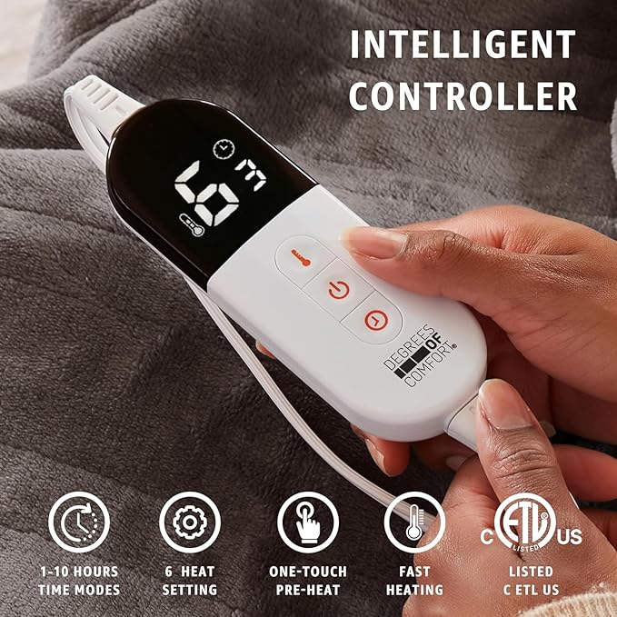 Degrees of Comfort King Electric Blanket with Dual Controls, Large Fleece Heated Blanket for Bed, Auto Shut Off, Machine Washable -Grey, 100Wx90L