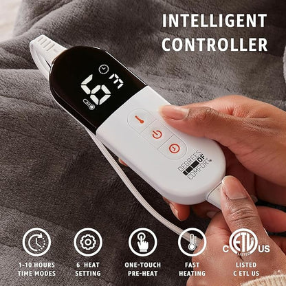 Degrees of Comfort King Electric Blanket with Dual Controls, Large Fleece Heated Blanket for Bed, Auto Shut Off, Machine Washable -Grey, 100Wx90L