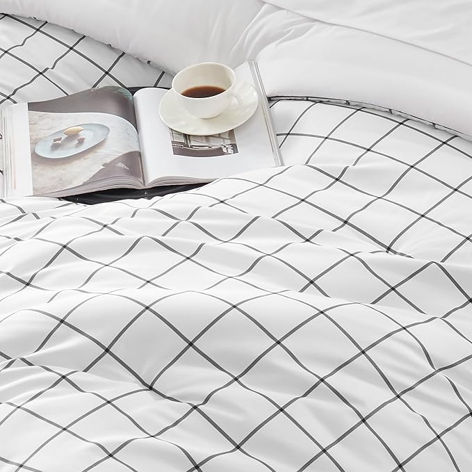SLEEP ZONE Dorm Comforter Twin XL, 5 Pieces Geometric Plaid Pattern Printed Soft Microfiber Bedding, Breathable & Soft Bed in A Bag (Grey Grid White, Twin XL)