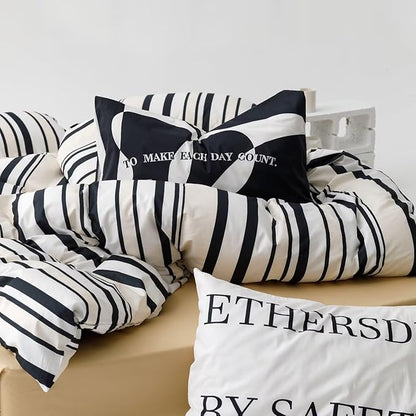KAREVER Striped Comforter Set Twin Black and White Comforter Men Women Modern Chic Stripes Bed Comforters Beige Black Striped Twin Ticking Bedding Comforter Set All Season Hotel Quality Bed Set