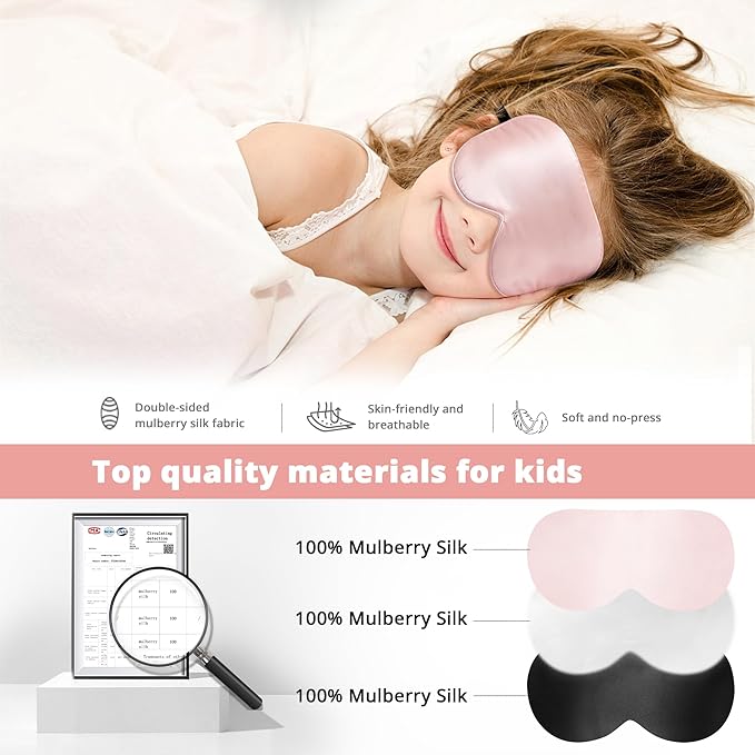 Kids Sleep Mask Eye Cover, 100% Real Natural Pure Silk Eye Mask with Adjustable Strap, Blindfold Kids Eye Mask for Sleeping, Eye Shade for Boys Girls and Adult, Pressure-Free Comfort (Pink)