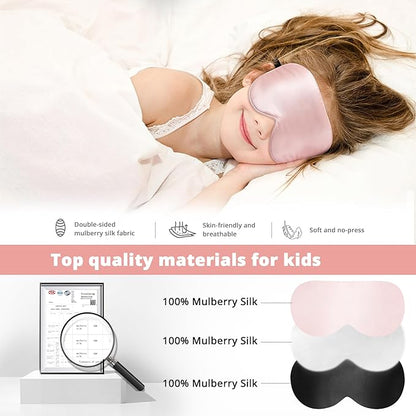 Kids Sleep Mask Eye Cover, 100% Real Natural Pure Silk Eye Mask with Adjustable Strap, Blindfold Kids Eye Mask for Sleeping, Eye Shade for Boys Girls and Adult, Pressure-Free Comfort (Pink)