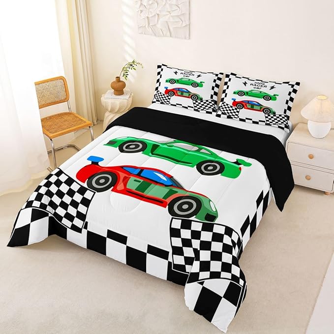 jejeloiu Boys Cartoon Racer Car Bedding Set King Size Black White Checkerboard Comforter Set for Kids Green Red Duvet Set Cute Car Quilt Set 3Pcs