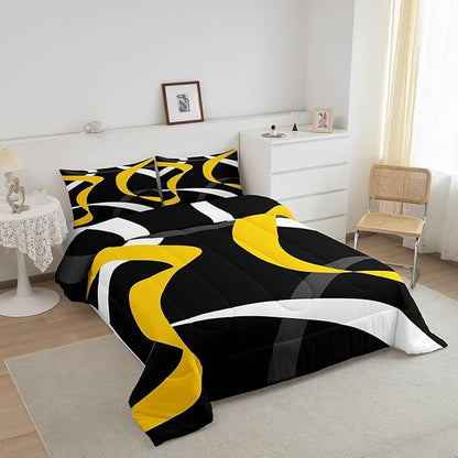 Erosebridal Grey Black Yellow Bedding Comforter Sets Gray White Striped Abstract Bedding Set Queen for Kids Adults Geometric Stripes Down Comforter Modern Fashion Quilt Duvet 3 Pcs