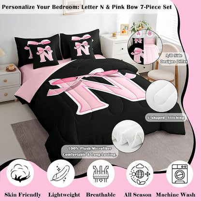 jejeloiu Kawaii Pink Bow King Comforter Set with Sheets,Gifts for Women Teen Girl,Monogrammed 7 Piece Bedding Set,Soft Personalized Initial Letter N Bed in a Bag with Comforter,Sheets,Pillowcases