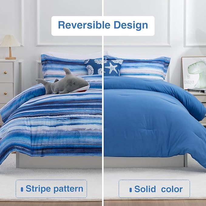 Holawakaka Beach Stripe Bedding Sets 6 Pieces, Blue Coastal Striped Comforter Set Queen Size All Season Geometric Bed Set, Nautical Bed in a Bag with Comforter, Sheets and Shams
